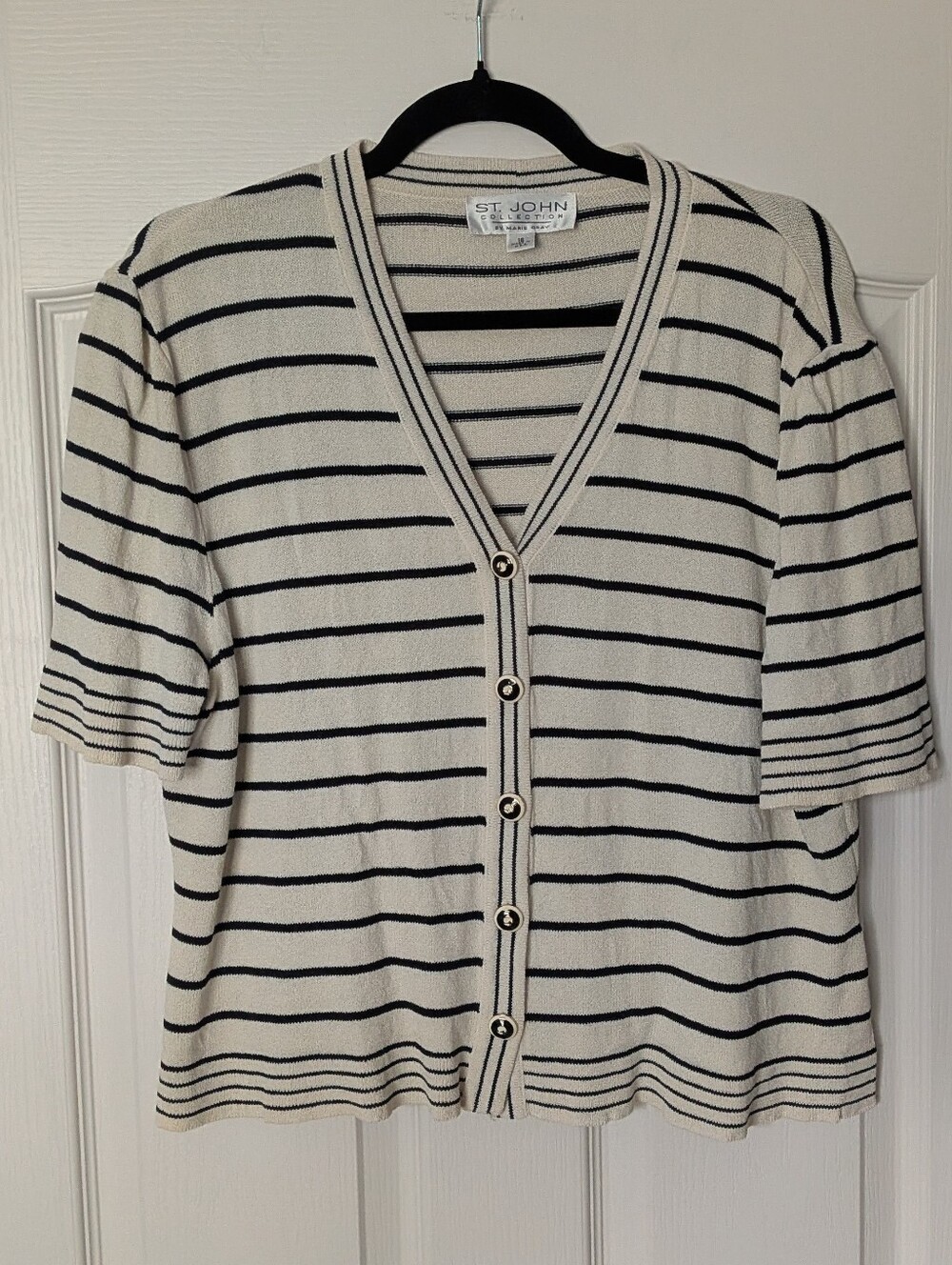 St. John Collection Striped Knit Cardigan - Ivory & Black